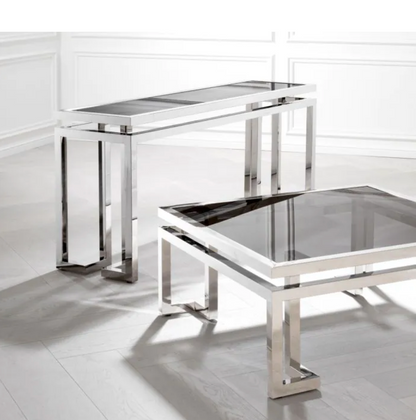 PALMER CONSOLE TABLE in Polished Stainless Steel and Smoke Glass by Eichholtz image 1